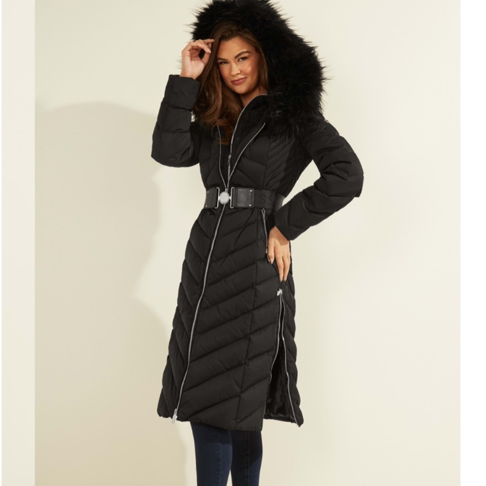 Guess Sofia Belted Longline Coat Jet Black - Picture 10 of 14